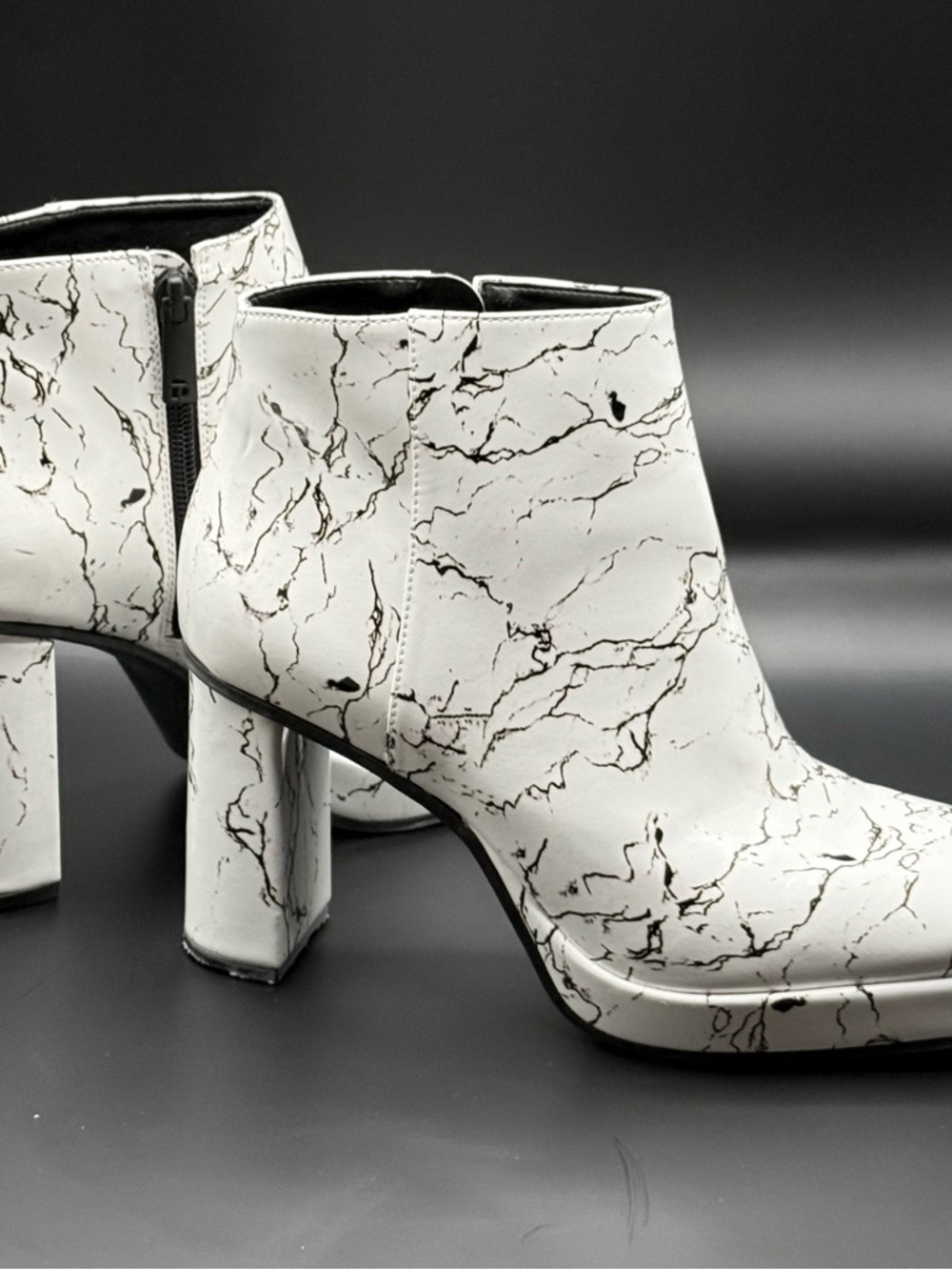 Marble-Print White Ankle Booties with Block Heel - Chic Patterned Booties